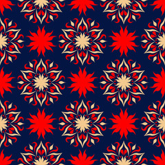 Fototapeta na wymiar Blue floral seamless background with red and beige pattern