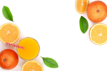 Fototapeta na wymiar orange juice glass with slices of citrus and leaves isolated on white background with copy space for your text, top view