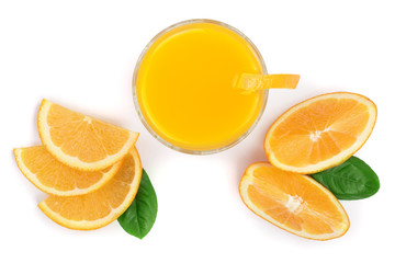 orange juice glass with slices of citrus and green leaves isolated on white background, top view. Flat lay pattern