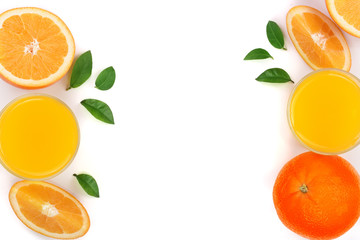 orange juice glass with slices of citrus and leaves isolated on white background with copy space for your text, top view