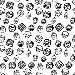 Doodles faces seamless pattern. Vector black and white illustration. Sketchy cartoon characters. Crowd of people. Society concept
