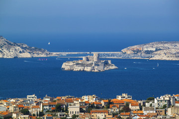 Fototapeta na wymiar Marseille, France. Aerial view of the city, the sea and the castle d'if