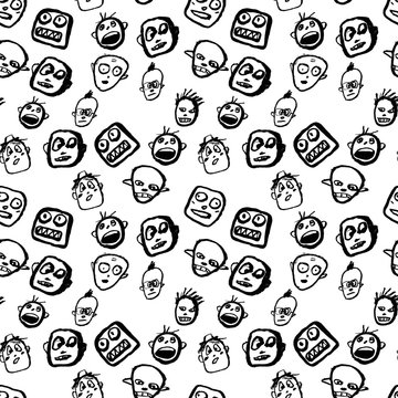 Doodles faces seamless pattern. Vector black and white illustration. Sketchy cartoon characters. Crowd of people. Society concept