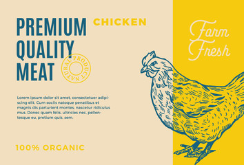 Fototapeta na wymiar Premium Quality Chicken. Abstract Vector Meat Packaging Design or Label. Modern Typography and Hand Drawn Hen Silhouette Background Layout