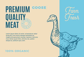 Fototapeta na wymiar Premium Quality Coose. Abstract Vector Meat Packaging Design or Label. Modern Typography and Hand Drawn Goose Silhouette Background Layout