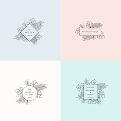 Set of Monstera Tropical Leaves Fashion Signs or Logo Templates. Abstract Foliage with Borders and Classy Typography. Good for Wedding or Party Invitation, Fashion Business, etc.