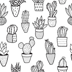 Seamless hipster pattern made of cactuses in flower pots.