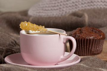Morning Coffee. Rock Cane Sugar Stick. Home Baked Chocolate Muffins.