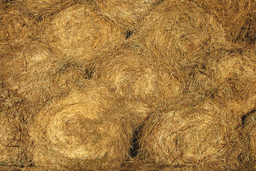 Background of bales of dried hay, stacked on top of each other.
