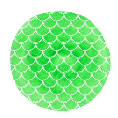 Fish scale on watercolor background. Bright colors. Mermaid tail banner and invitation. Hand drawn round backdrop with fish scale ornament. Girl underwater and sea pattern. Green vector.