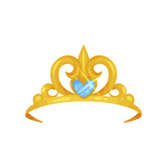 Elegant royal crown decorated with big blue gemstone in shape of heart. Princess tiara with precious stone. Woman s head accessory. Colorful flat vector design