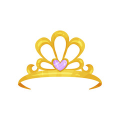 Golden queen crown with precious purple stone in shape of heart. Shiny princess tiara. Expensive jewelry. Woman s head accessory. Colorful flat vector design