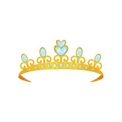 Shiny princess tiara decorated with blue gems. Golden queen crown. Woman s head accessory. Symbol of royal dignity. Expensive jewelry. Colorful flat vector design © Happypictures