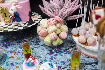 Candy cakes and other sweets on the table. Decor. Candybar.