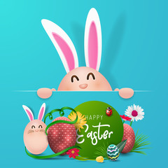 Happy easter image vector. Modern happy Easter background with colorful eggs, bunny, rubbit, and spring flower. Template Easter greeting card, vector.