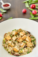 Risotto with mushrooms, toast, parmesan and greens in a large white plate on a dark wooden table. In the background, radish with herbs and spices. National dish of Italy, Italian cuisine.