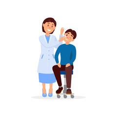 Careful doctor treats eye of young man using eye-drops. Professional at work. Medical treatment and healthcare concept. Cartoon woman in white uniform. Flat vector design