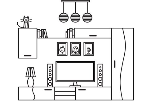 Vector Image Of The Interior Of  The Modern Living Room In Line Art Style. The Picture Shows: Entertainment Center, Bookshelf, TV, Books, Audio System, Table Lamp, Cat, Chandelier, Family Photos.