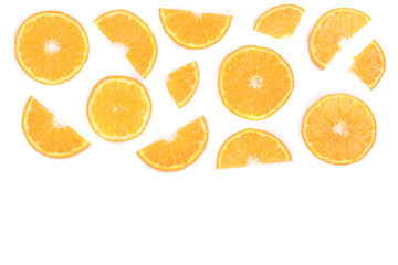 Slices of orange or tangerine isolated on white background with copy space for your text. Flat lay, top view