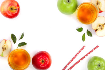 apple with juice and leaves isolated on white background with copy space for your text. top view. Flat lay pattern