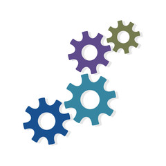 Four gear wheel machinery icon in trendy flat style. Suitable for business infographic, symbolizes teamwork and connection. Vector illustration with violet and blue colors on white background.