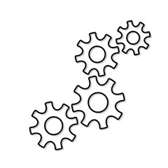 Four cogwheel mechanism symbols in contour style. For use in business presentation and infographic, symbolizes teamwork and motion. Vector black line illustration on white background.