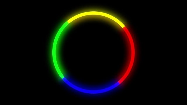 4K Rotating or spin 4 color red green blue yellow circle on black background. 2d animation. Motion graphic and animation background with light glow.