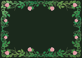 Classical antique decorative frame with pink roses on green background. To be used for holidays, celebrations or happy events