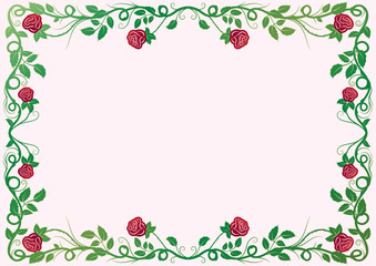 Classical antique decorative frame with red roses on pink background. To be used for holidays, celebrations or happy events