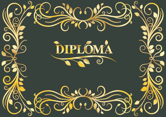 Classical diploma frame with golden laces on green background
