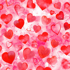 Seamless pattern of watercolor hearts on a pink texture