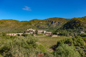Fototapeta na wymiar Calderona mountain and Cartuja de Portaceli monastery wide angle