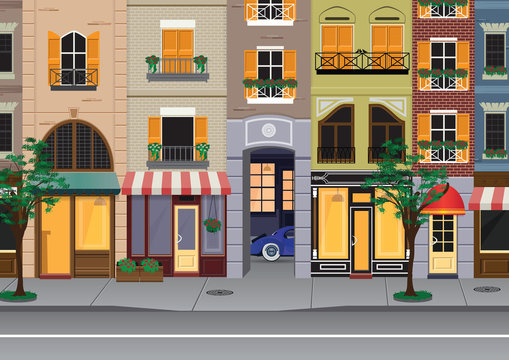Flat cartoon multicolor colorful historic buildings city town Paris, France.