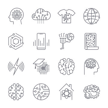 Set of icons in trendy linear style innovation and new technologies artificial. AI, IoT. Editable Stroke.