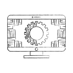 monitor computer with gear circuit connection technology vector illustration