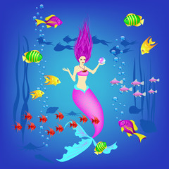 Obraz na płótnie Canvas Underwater world, little mermaid, fishes, plants and a pearl, vector illustration