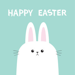 White bunny rabbit head face. Picaboo. Happy Easter. Flat design. Big ears. Cute kawaii funny cartoon character. Baby greeting card. Blue pastel color background.