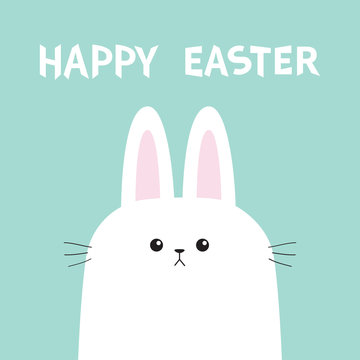 White bunny rabbit head face. Picaboo. Happy Easter. Flat design. Big ears. Cute kawaii funny cartoon character. Baby greeting card. Blue pastel color background.