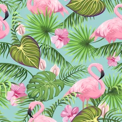  Seamless pattern with tropical leaves, exotic flowers and flamingo  © Hmarka