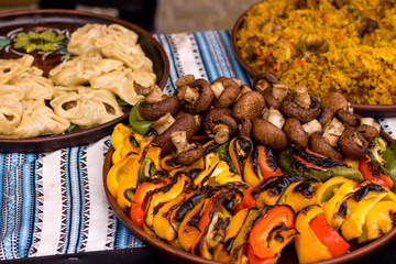 fresh grilled beef with vegetable shish kabobs, shish, kebab, barbecue
