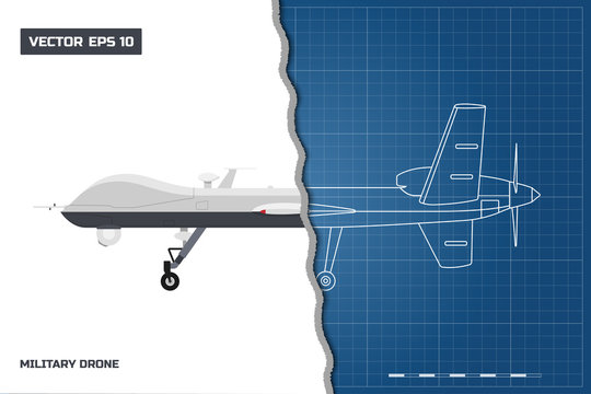 Blueprint of military drone in outline style. Side view. Army aircraft for intelligence and attack. Industrial isolated drawing. Vector illustration