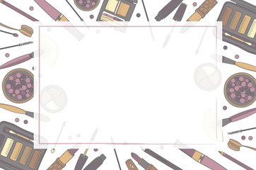 Frame of decorative cosmetics, with place for text. Hand drawn style. Woman stuff. Transparent colored elements