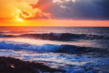 fantastic stunning colorful landscape, sunset on the shore of the blue sea, the coast of Cyprus, the neighborhood of Paphos