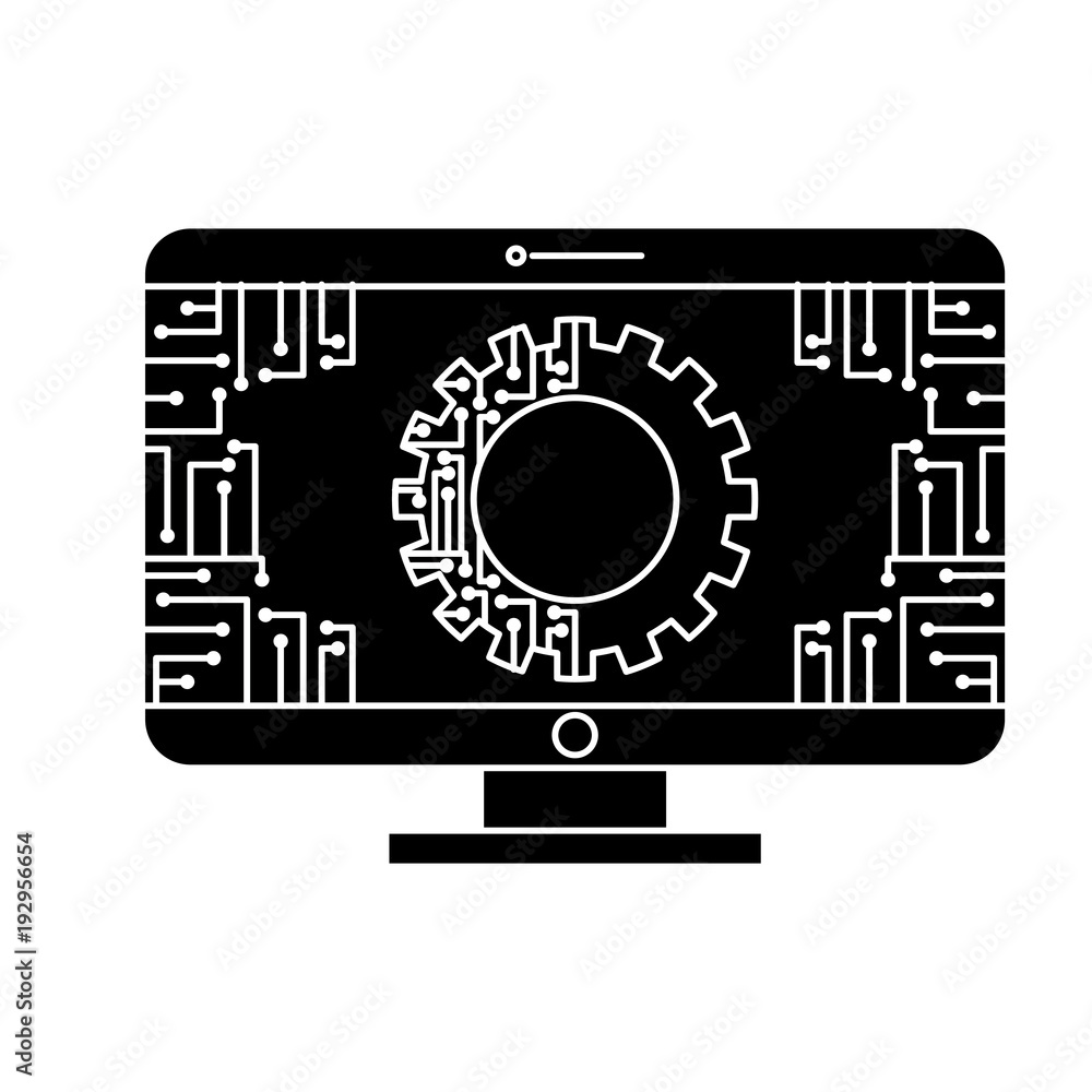Poster monitor computer with gear circuit connection technology vector illustration black and white design