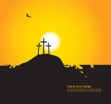 Vector Easter banner with place for text with a picture of mount Calvary, the three crosses and vultures at sunset
