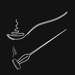 Spoon with hot food, drawing one line. Fork with a piece of hot food.