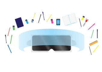 Virtual reality glasses with school supplies