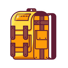 Hiking backpack in flat design.Yellow tourist rucksack for hike and active lifestyle. Outline back pack icon.
