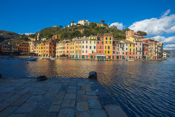 PORTOFINO, ITALY, FEBRUARY 13, 2018 - View of the city of of Portofino from the pier , Genoa (Genova) Province, Liguria, Mediterranean coast, Italy