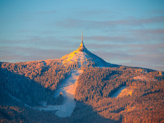 Morning sunrise at Jested Mountain and Jested Ski Resort. Winter time mood. Liberec, Czech Republic.